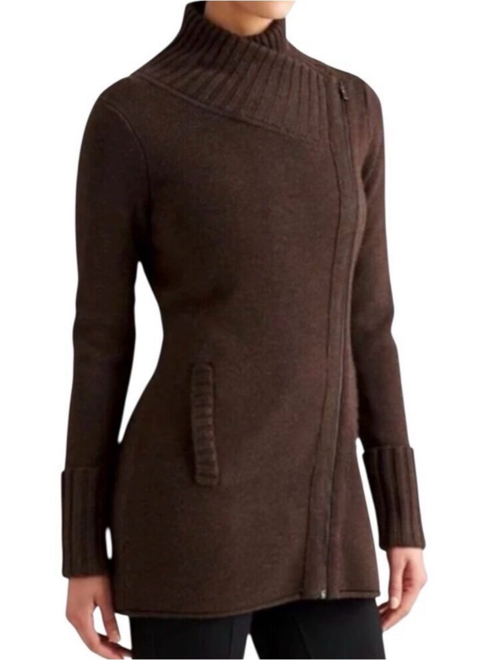 Athleta Chocolate Brown Chill Factor Wool Blend Zip Front Sweater